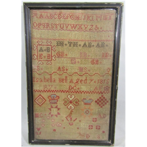 255 - An early 19th century needlework sampler by Isabella Bell aged seven, dated 1815, 44 x 26cm approx, ... 