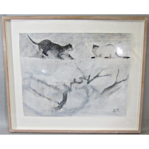 264 - Late 20th century school - Study of two cats on a wall, mixed media on paper, signed monogram SH and... 