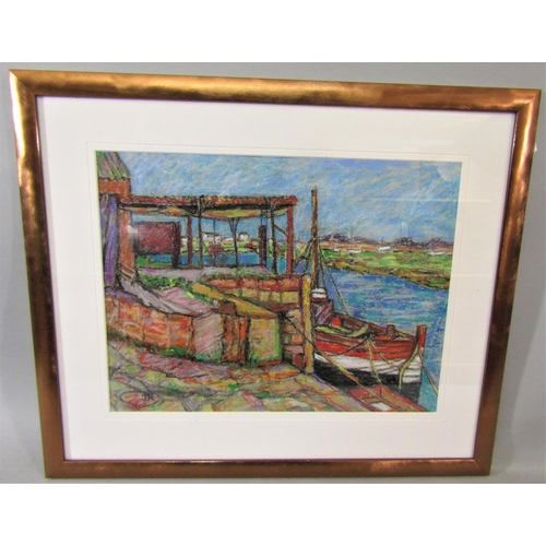 281 - Joan Roobottom (British 20th century) - Estuary scene with fishing boats, pastel on paper, signed wi... 