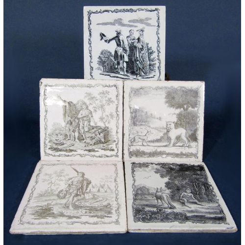 1068 - A collection of five 18th century printed tiles of Sadler & Green type, two showing scenes from Aeso... 