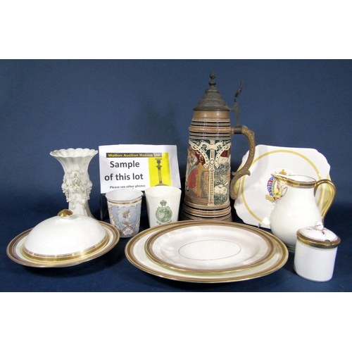 1073 - A quantity of Cauldon white glazed dinner and teawares with gilt Greek key border decoration includi... 