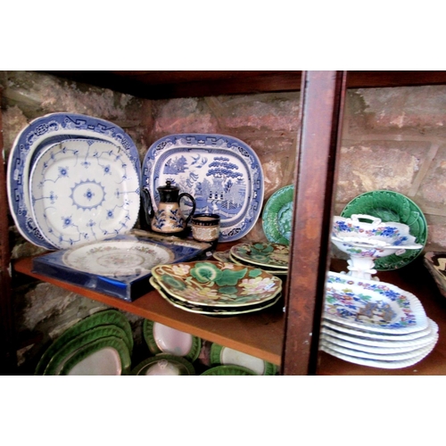 1097 - A collection of 19th century and later ceramics including majolica dessert wares with relief geraniu... 