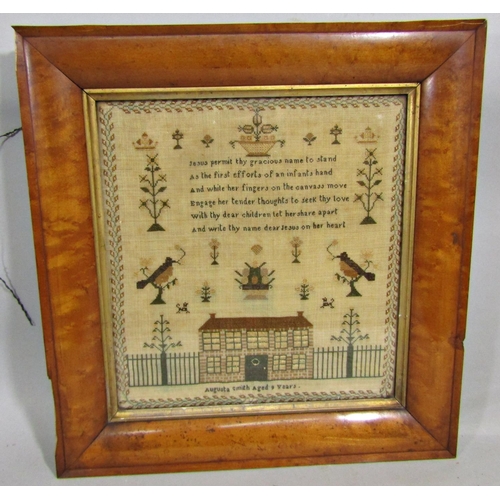 289 - Late 18th/early 19th century needlework sampler by Augusta Smith aged nine years, 31 x 29cm approx i... 