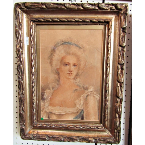 253 - 19th century school - Bust length portrait of a lady in 18th century style costume, watercolour and ... 