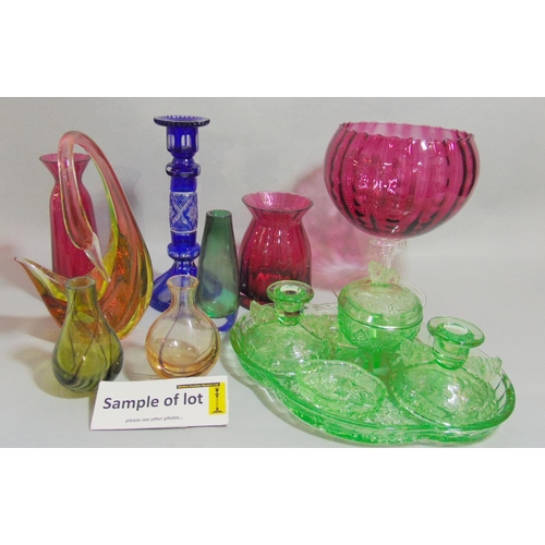 1134 - Mixed collection of coloured glass to include Mdina glass dish, further green glass dressing table s... 