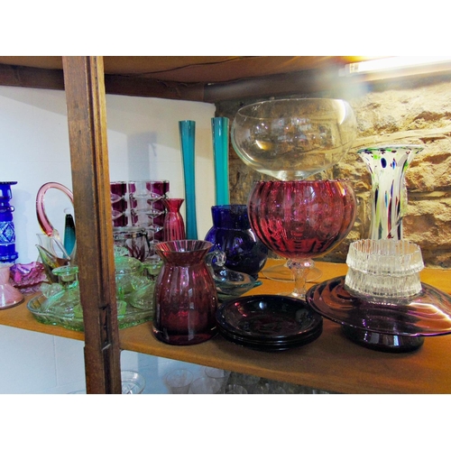 1134 - Mixed collection of coloured glass to include Mdina glass dish, further green glass dressing table s... 