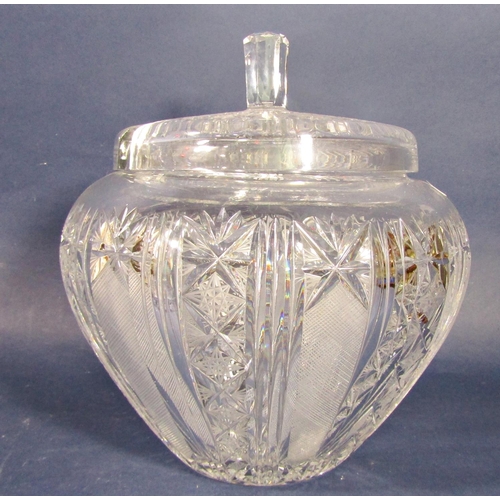 1135 - A good quality large cut glass lidded punch bowl, with star and hobnail cut decoration, 32cm high; t... 