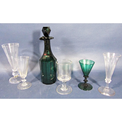 1149 - Collection of antique glassware to include three tapered cordial glasses, a faceted green glass deca... 