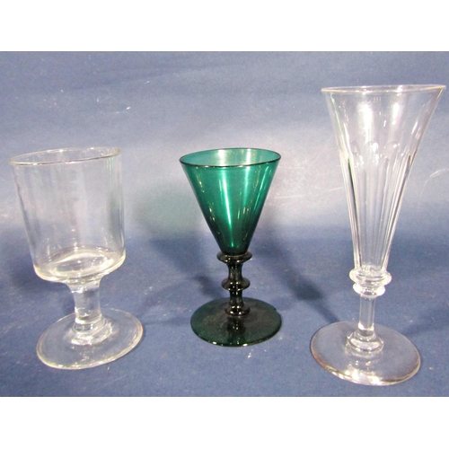 1149 - Collection of antique glassware to include three tapered cordial glasses, a faceted green glass deca... 