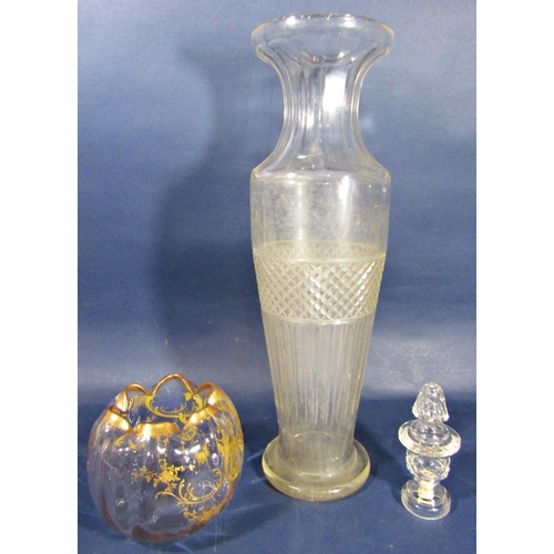 1150 - A large cut glass tapered baluster vase with hobnail cut band, 50cm high; together with a further la... 