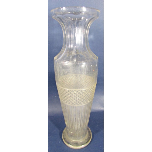 1150 - A large cut glass tapered baluster vase with hobnail cut band, 50cm high; together with a further la... 