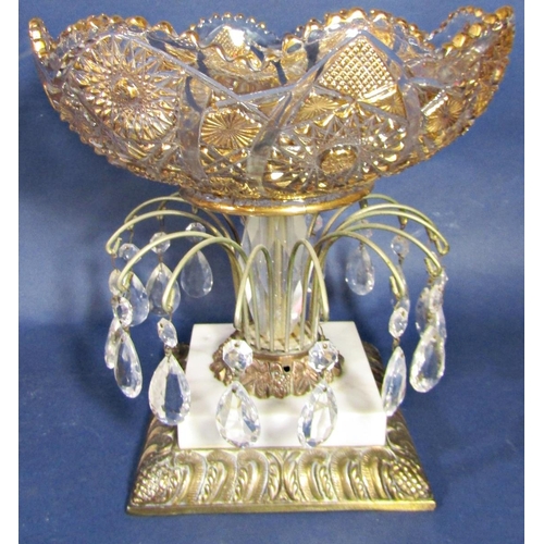 1158 - Good quality gilt cut glass and prismatic drop centre pieces, upon a marble stepped square base, 26c... 