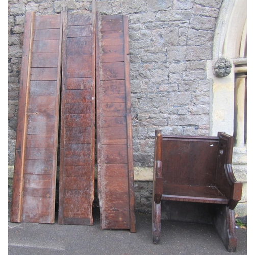 2120 - A reclaimed 19th century oak church pew/chair with moulded framework and pierced gothic trefoil deta... 