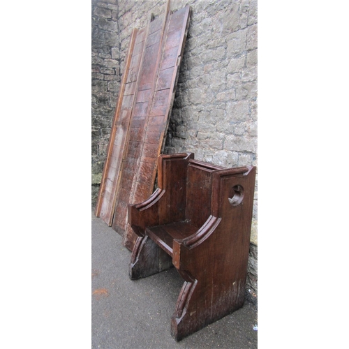 2120 - A reclaimed 19th century oak church pew/chair with moulded framework and pierced gothic trefoil deta... 