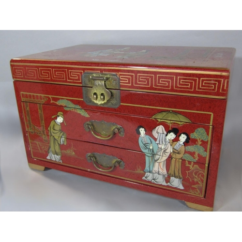 530 - Chinese red lacquered jewellery casket, the top decorated with three ladies in an exterior setting, ... 