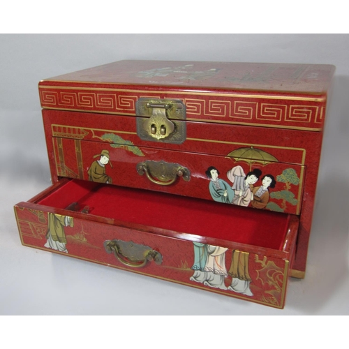 530 - Chinese red lacquered jewellery casket, the top decorated with three ladies in an exterior setting, ... 