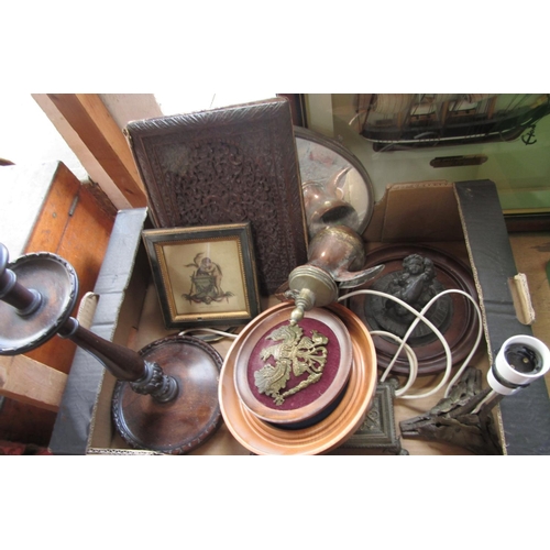 555 - Good mixed lot of miscellaneous items to include a carved wooden book cover, a mahogany table lamp, ... 