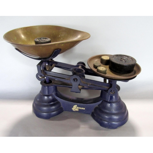 575 - Set of Ibrasco weighing scales, together with two graduated sets of brass weights fitted with mahoga... 