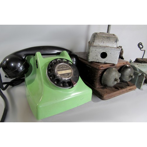 544 - A mixed lot to include a collection four switch gears, a further vintage telephone, vintage bell rec... 