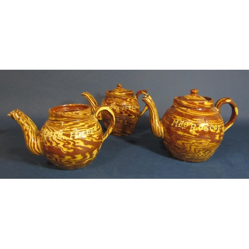 1116 - Antique North Lancashire set of three unusual double spouted slipware teapots with marbled glaze and... 