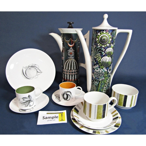 1118 - A set of Susie Cooper harlequin coffeewares with black and white fruit decoration and different colo... 