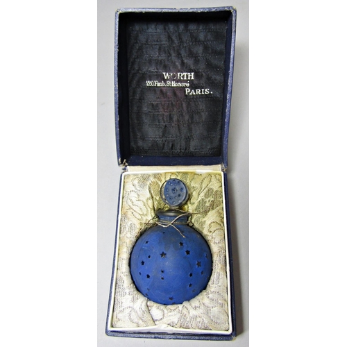 1164 - Lalique Dans La Nuit perfume bottle, with star cut decoration and blue overlay, 9cm high within orig... 