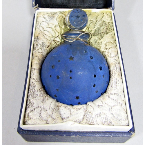 1164 - Lalique Dans La Nuit perfume bottle, with star cut decoration and blue overlay, 9cm high within orig... 