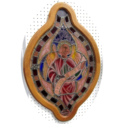 1163 - Leaded stained glass panel depicting a saint with further floral glass panels within a pine frame, 6... 