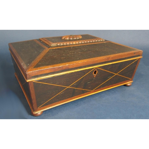 579 - Good quality ebonised and box wood inlaid sarcophagus box, 28cm wide