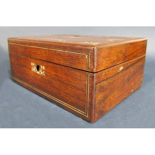 580 - 19th century rosewood and mother of pearl inlaid jewellery box, with three silver thimbles, a coral ... 