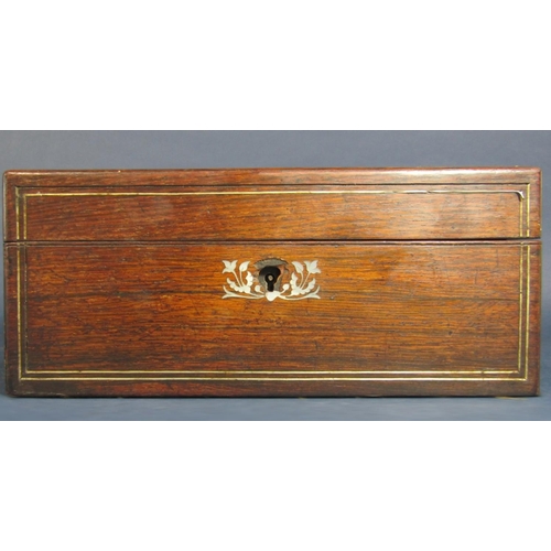 580 - 19th century rosewood and mother of pearl inlaid jewellery box, with three silver thimbles, a coral ... 