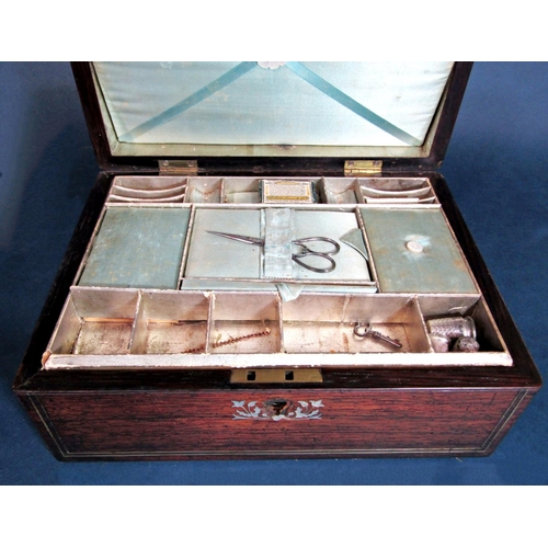 580 - 19th century rosewood and mother of pearl inlaid jewellery box, with three silver thimbles, a coral ... 