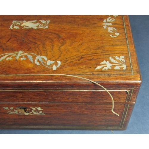 580 - 19th century rosewood and mother of pearl inlaid jewellery box, with three silver thimbles, a coral ... 