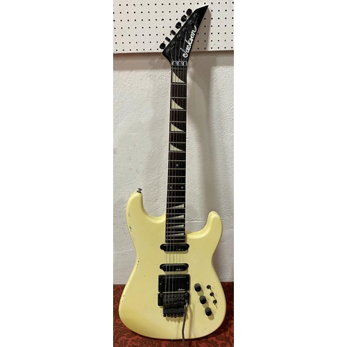 586 - Jackson Charvel soloist style 6 string electric guitar in cream, 97cm full length 50cm fretboard, to... 