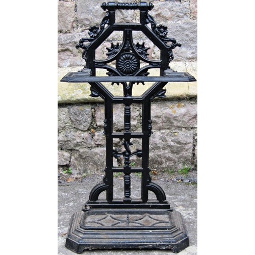 2083 - A late Victorian cast iron umbrella/stick stand with geometric and foliate detail, stamped number 1,... 