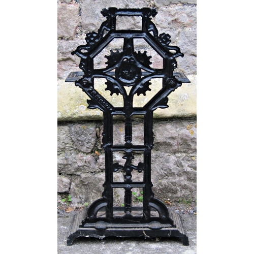 2083 - A late Victorian cast iron umbrella/stick stand with geometric and foliate detail, stamped number 1,... 