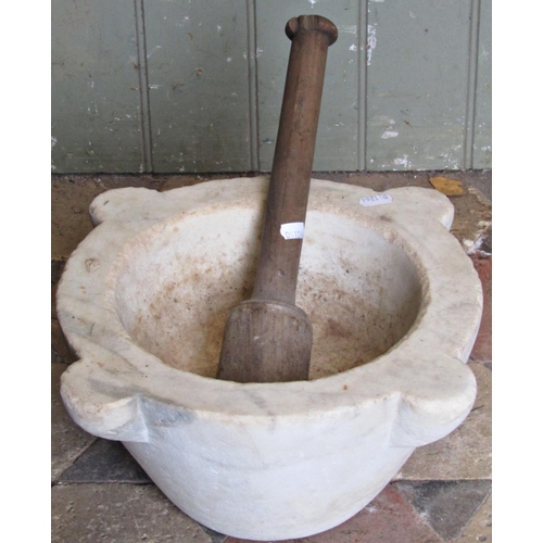 2100 - A vintage white marble mortar with wooden pestle, 37cm diameter