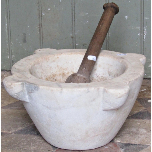 2100 - A vintage white marble mortar with wooden pestle, 37cm diameter