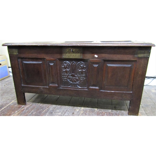 2755 - An early 18th century oak coffer with panelled framework, the central panel with further carved deta... 