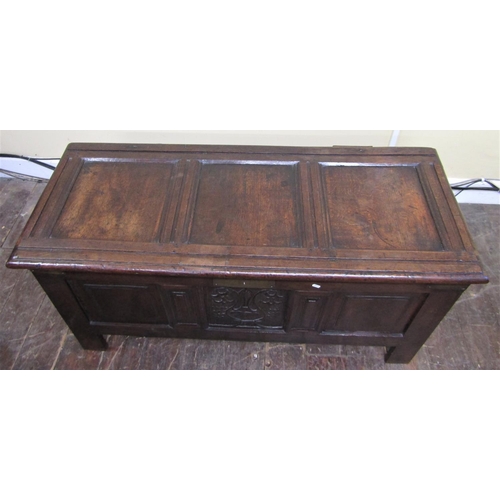 2755 - An early 18th century oak coffer with panelled framework, the central panel with further carved deta... 