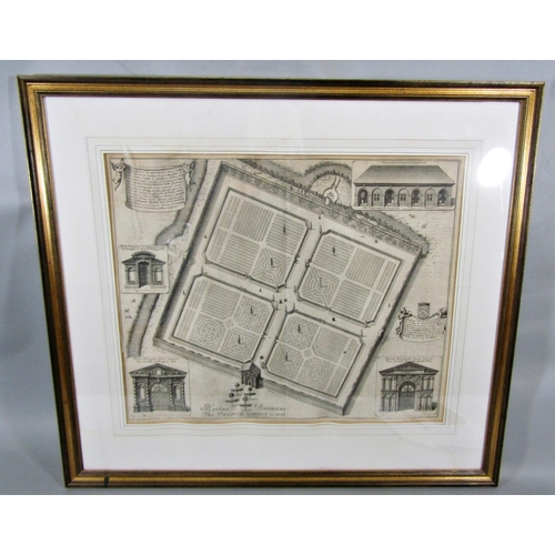 310 - An 18th century black and white engraving of the Physic Garden in Oxon showing a plan of the garden ... 