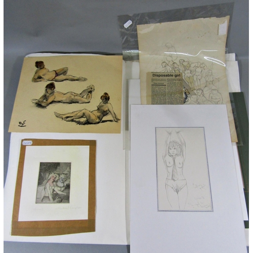 311 - A collection of unframed prints, drawings and etchings, mostly on an erotic theme, including etching... 