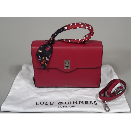 1559 - Hand bag by Lulu Guiness 'Large Queenie with Scarf' in raspberry leather with scarf detail around ha... 