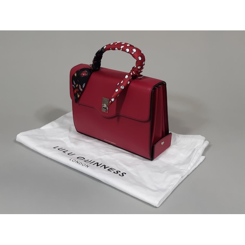 1559 - Hand bag by Lulu Guiness 'Large Queenie with Scarf' in raspberry leather with scarf detail around ha... 