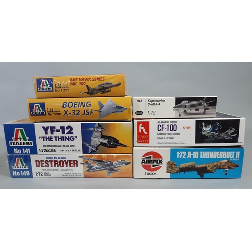 77 - 7 model aircraft kits, all 1:72 scale models of jets,  appear to be un-started, some in sealed cello... 