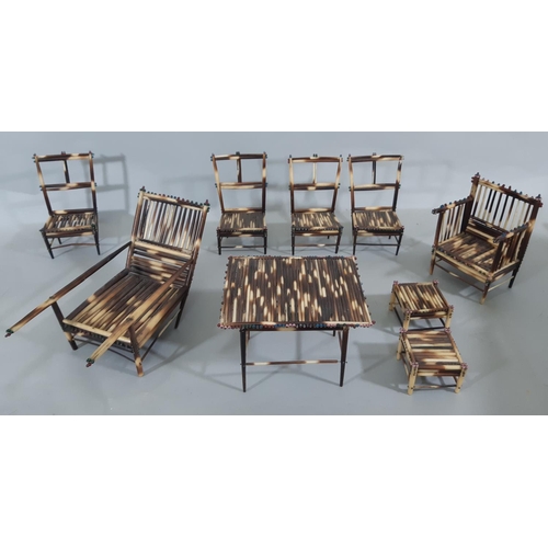 80 - Indian porcupine quill miniature dining set with intricate construction including table, 5 chairs, s... 