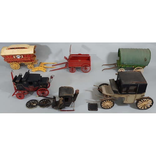 81 - 6 scratch built wooden carriages and wagons with decorated painted finish, longest is approx 30cm lo... 