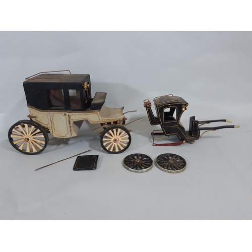 81 - 6 scratch built wooden carriages and wagons with decorated painted finish, longest is approx 30cm lo... 