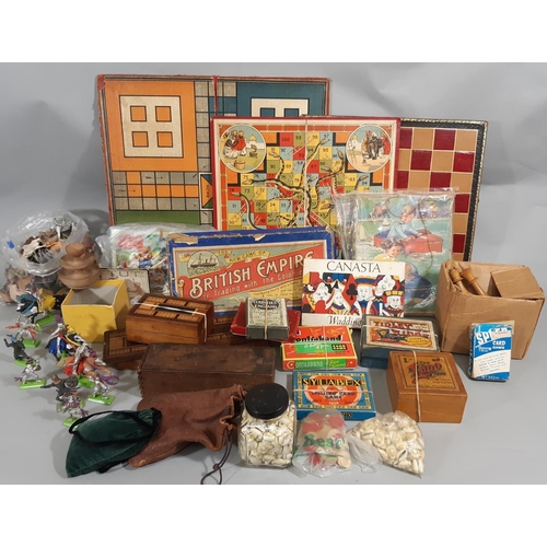 83 - Boxful of vintage games and model figures including chess, dominos, cribbage boards, Britains 'Deeta... 