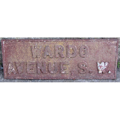 2108 - A reclaimed cast iron sign of rectangular form with raised lettering Wardo Avenue, S.W, 91 cm x 33 c... 